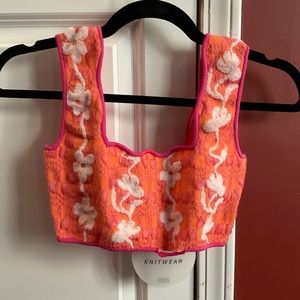 PH5, Size XS, Orange & Pink Eco Remy Floral Stitch Woven/Knit Bra Crop Top